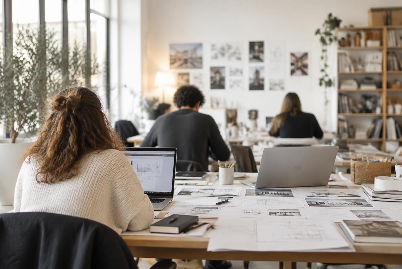 People working together at a large table with laptops, printed diagrams and notes in a bright studio