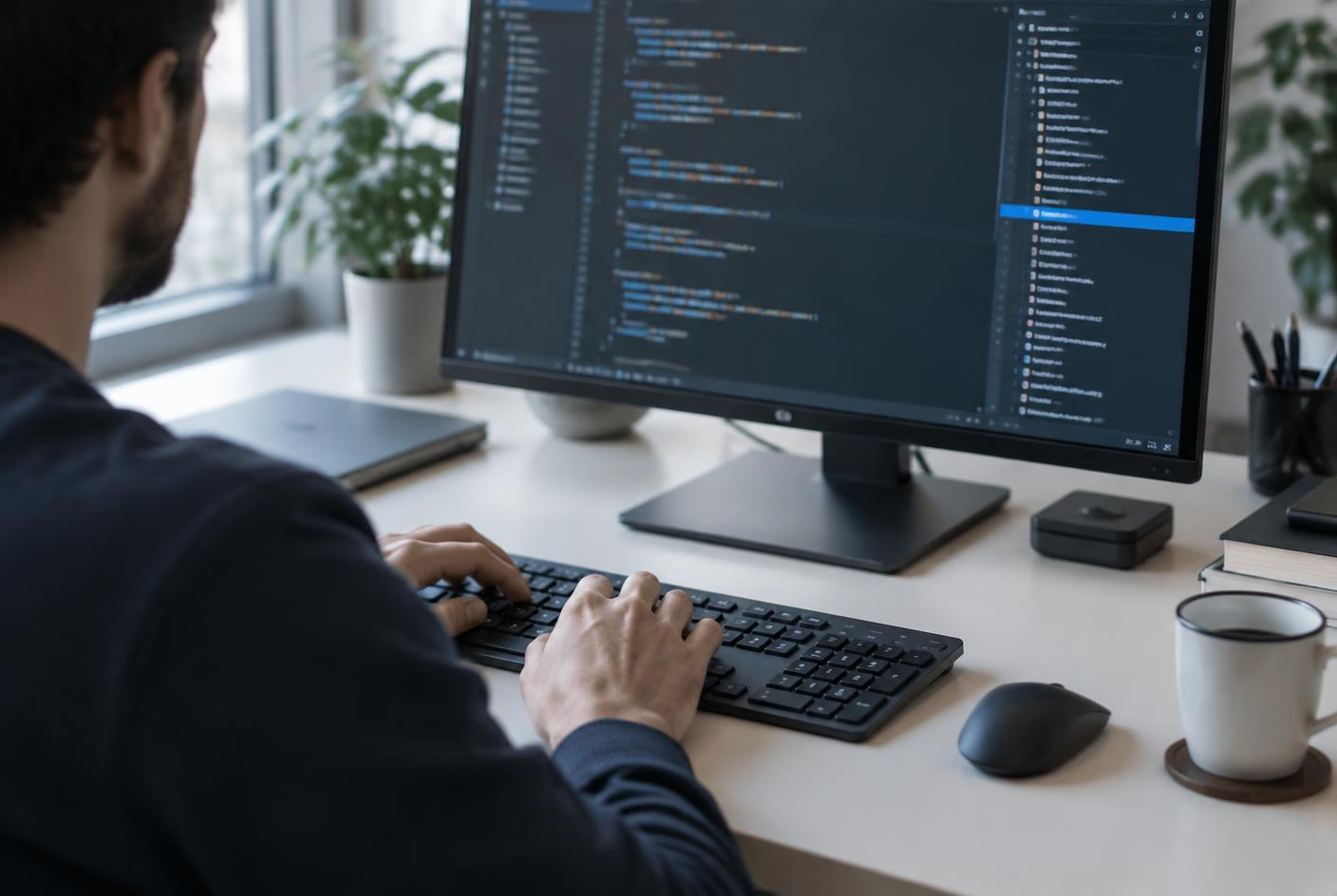 Developer working on source code on a large monitor in a bright workspace