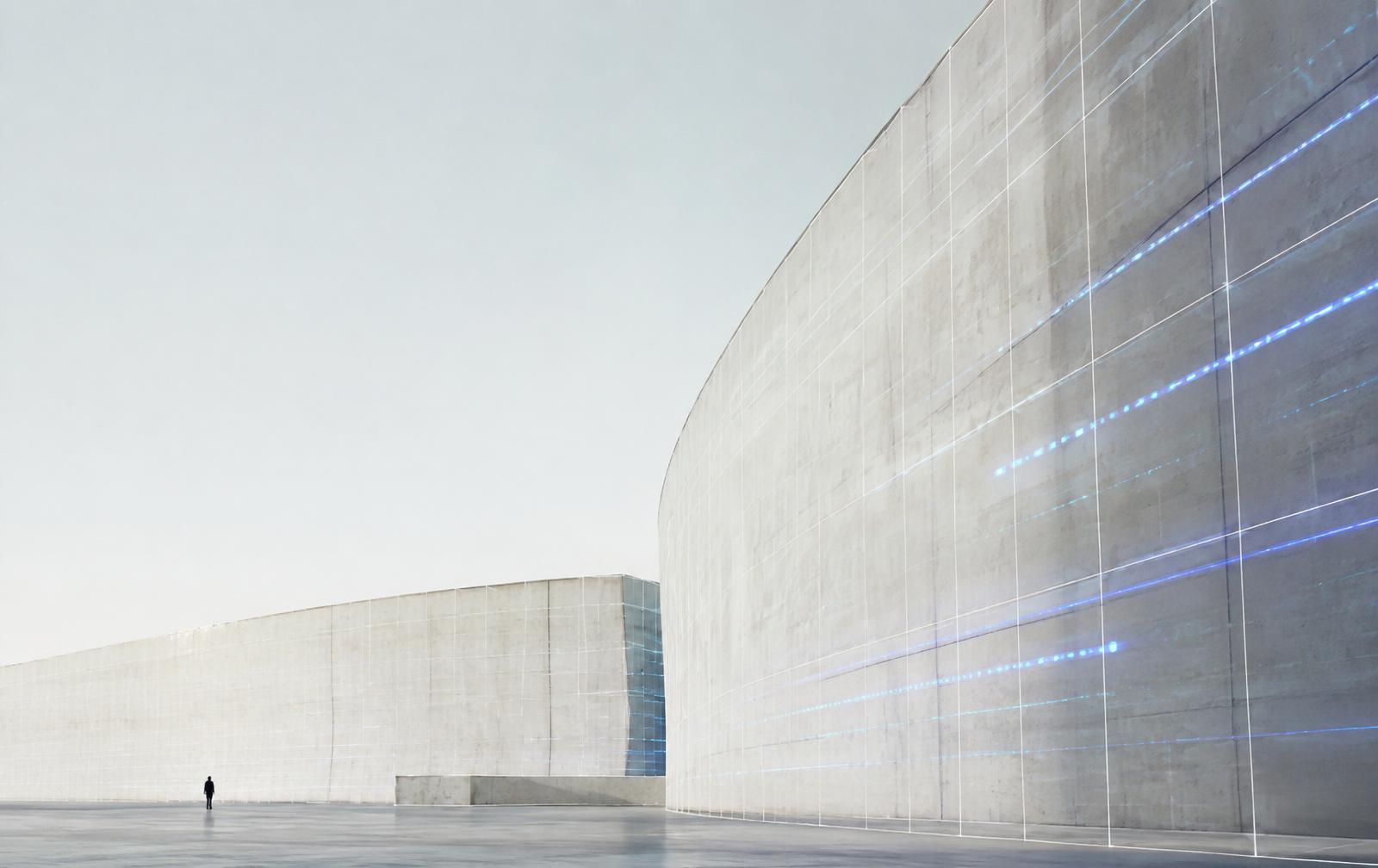 Abstract architectural structure with fine grid lines and electric blue light traces, representing digital infrastructure