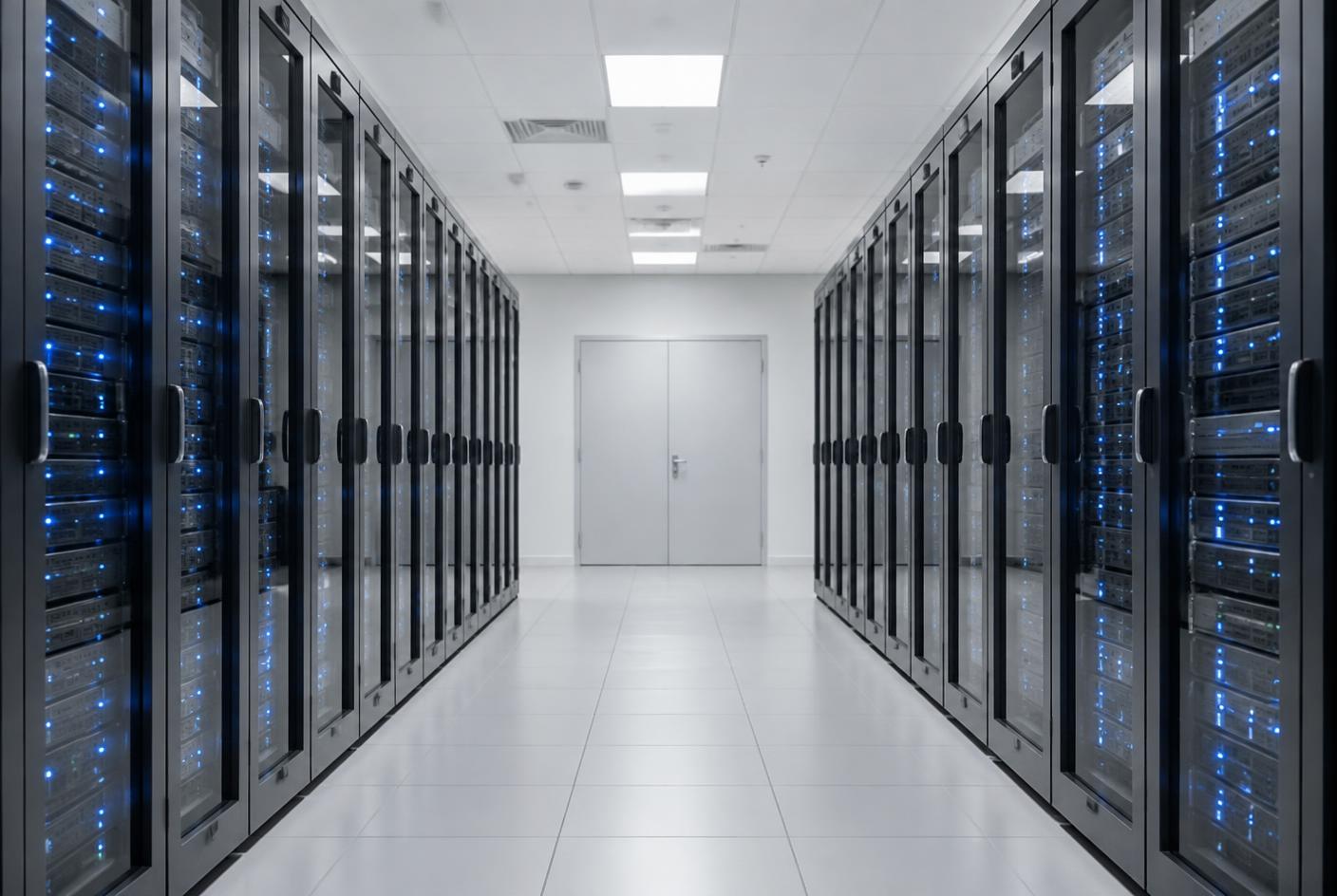 Rows of server racks with blue status indicators in a bright data centre corridor